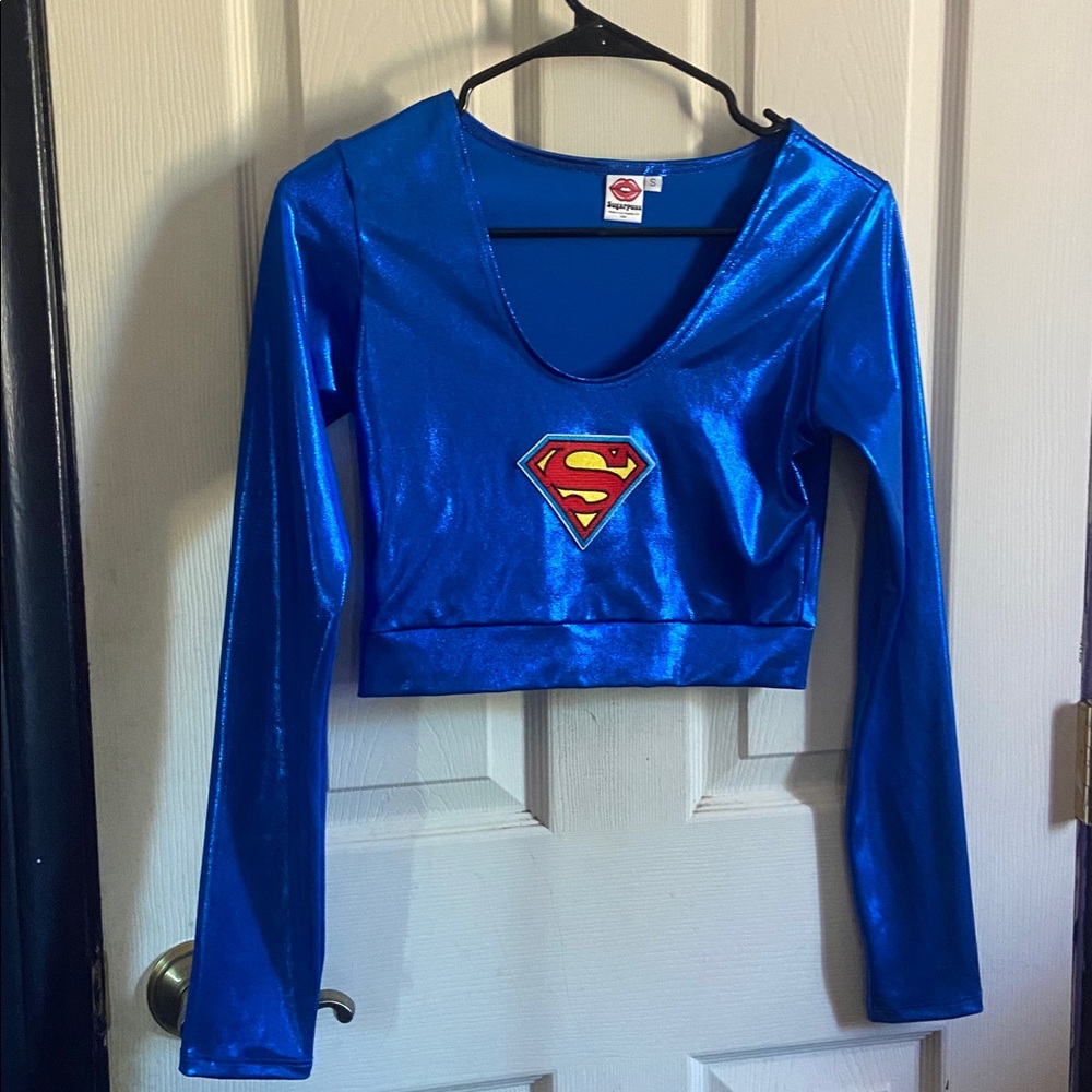 sugarpuss shiny blue superman/supergirl long-sleeve crop top (s: S)
